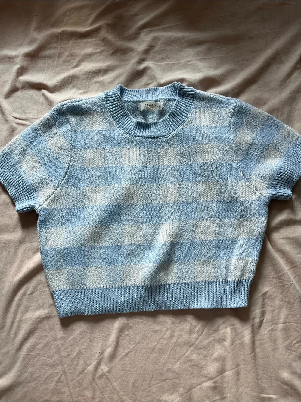 Aeropostale Light Blue and White Checker Short-Sleeve Sweater